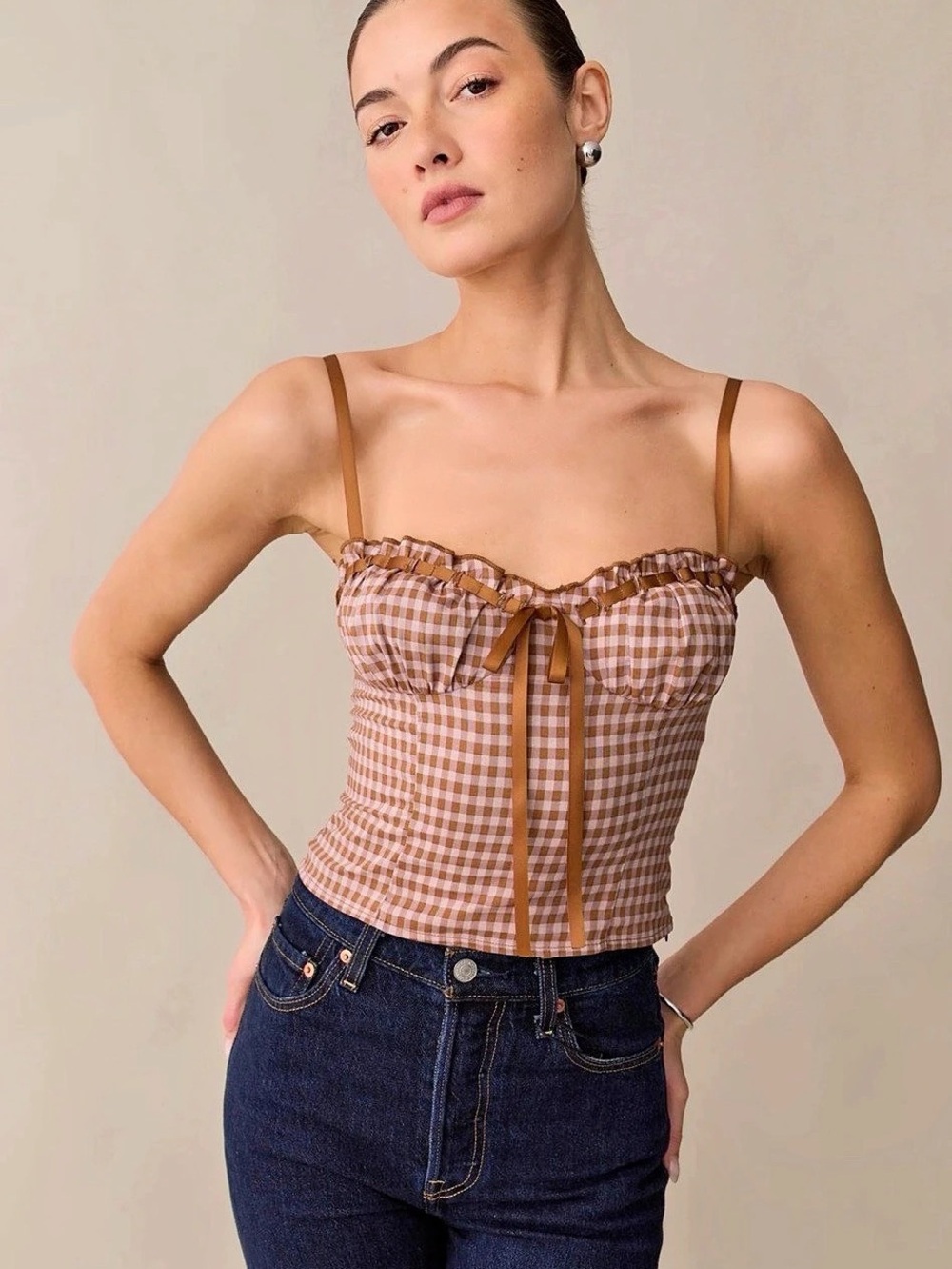 kourt Lori Top Gingham Cami in Brown & White Size 4 NWT